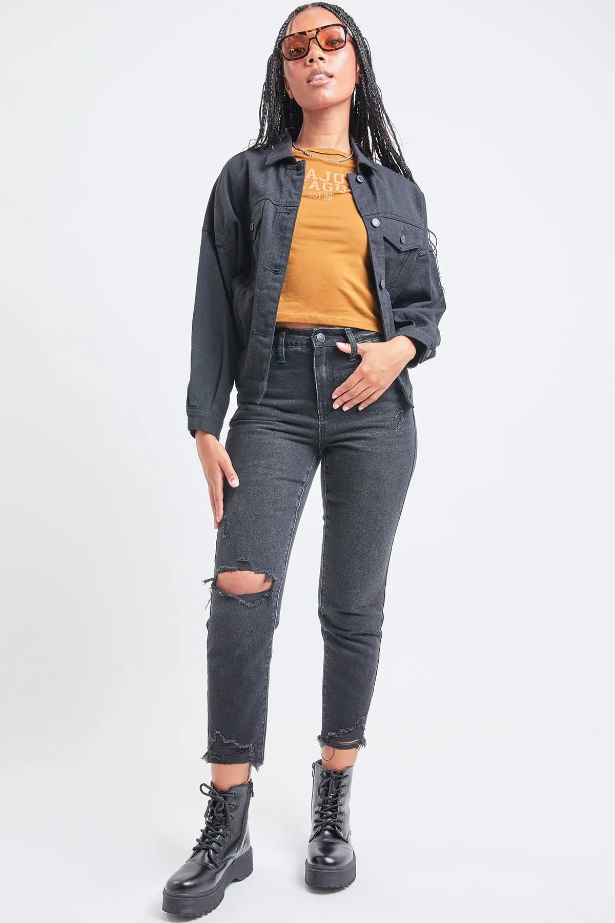 80S Style Denim Jacket with Elastic Black