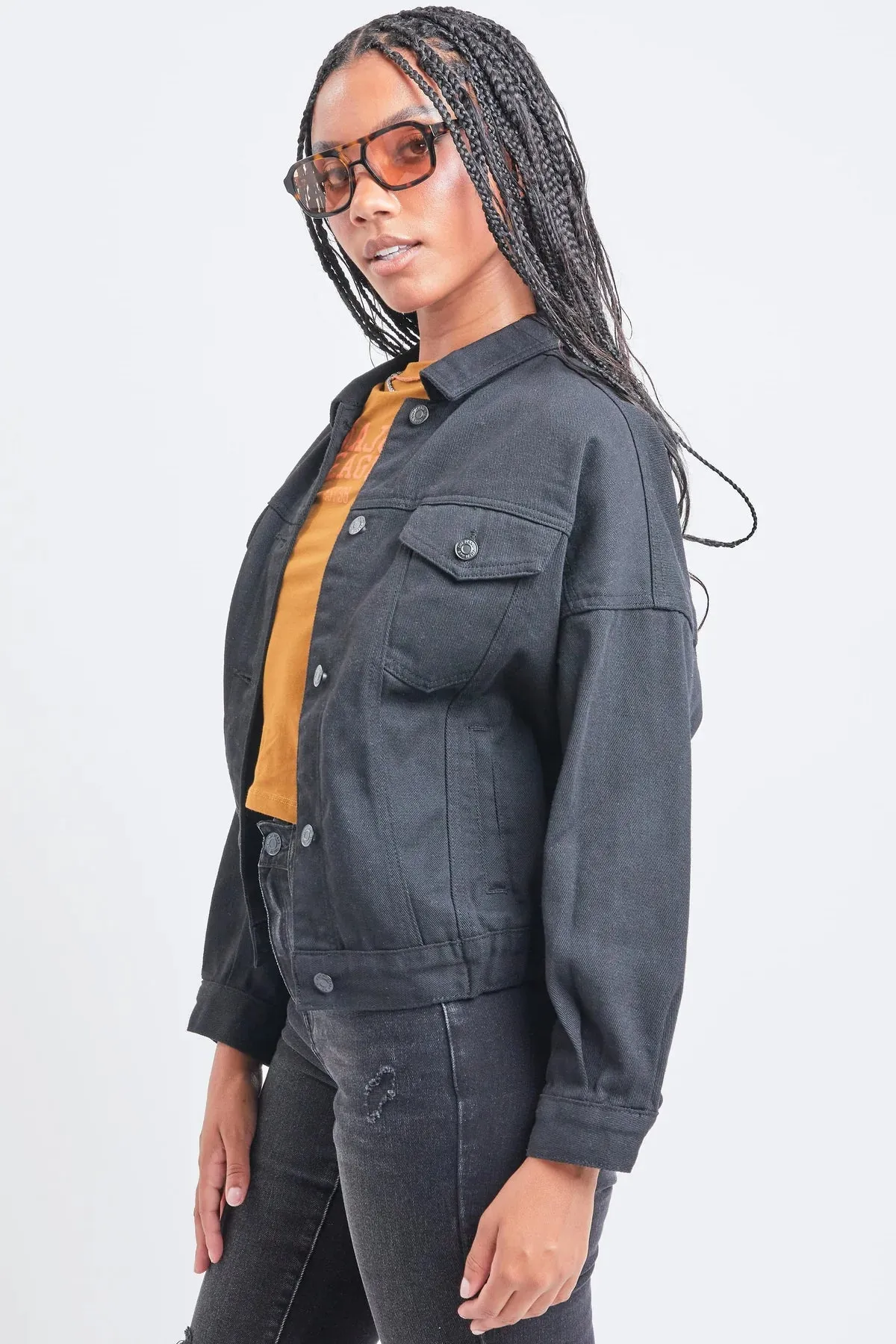80S Style Denim Jacket with Elastic Black