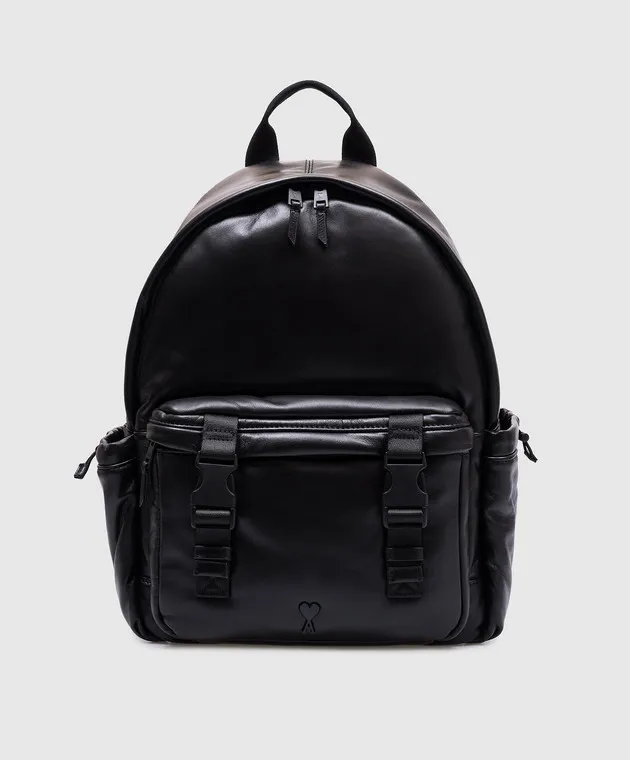 Ami Paris Black leather backpack with Ami de Coeur logo
