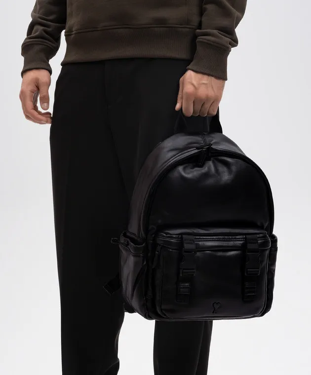 Ami Paris Black leather backpack with Ami de Coeur logo