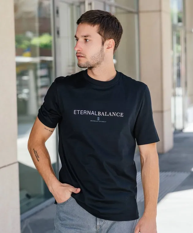 BRUNELLO CUCINELLI BLACK TSHIRT WITH A PRINT