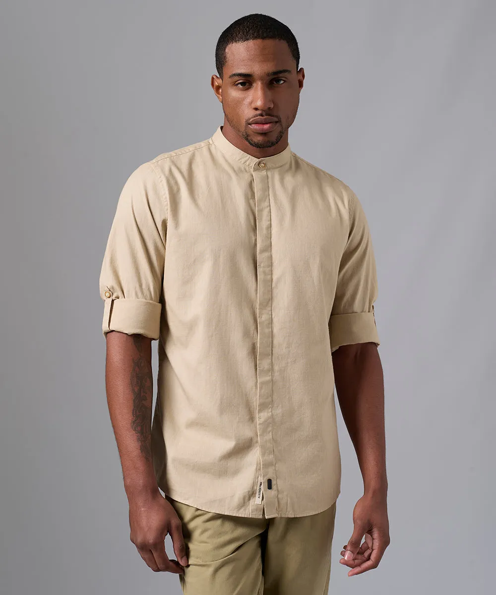 CAMISA MANGA LARGA ROLL UP CASUAL LOOK LINO CR CLASSIC FIT BEIGE PV25