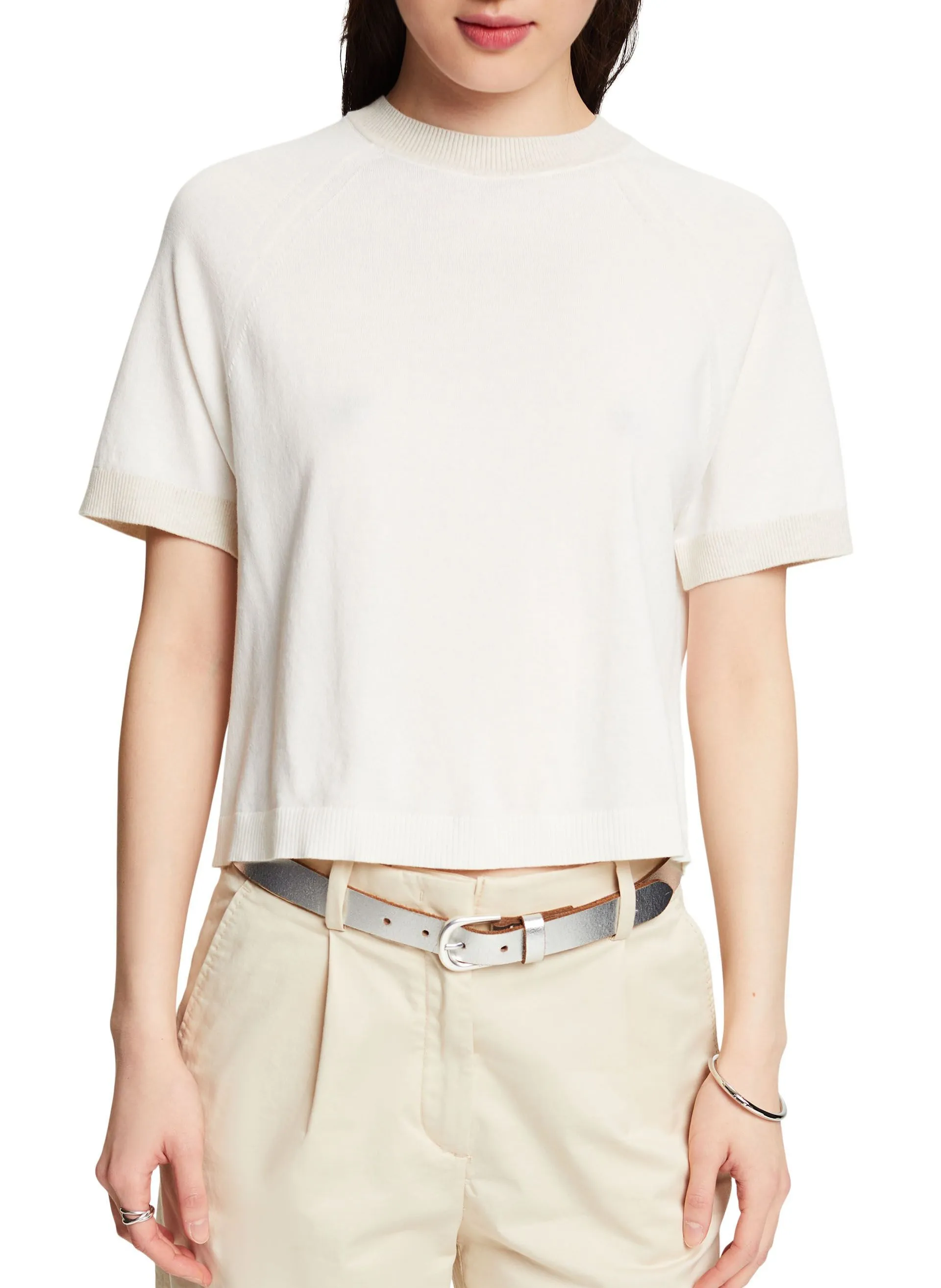 ESPRIT Camiseta de algodón con cuello redondo en blanco