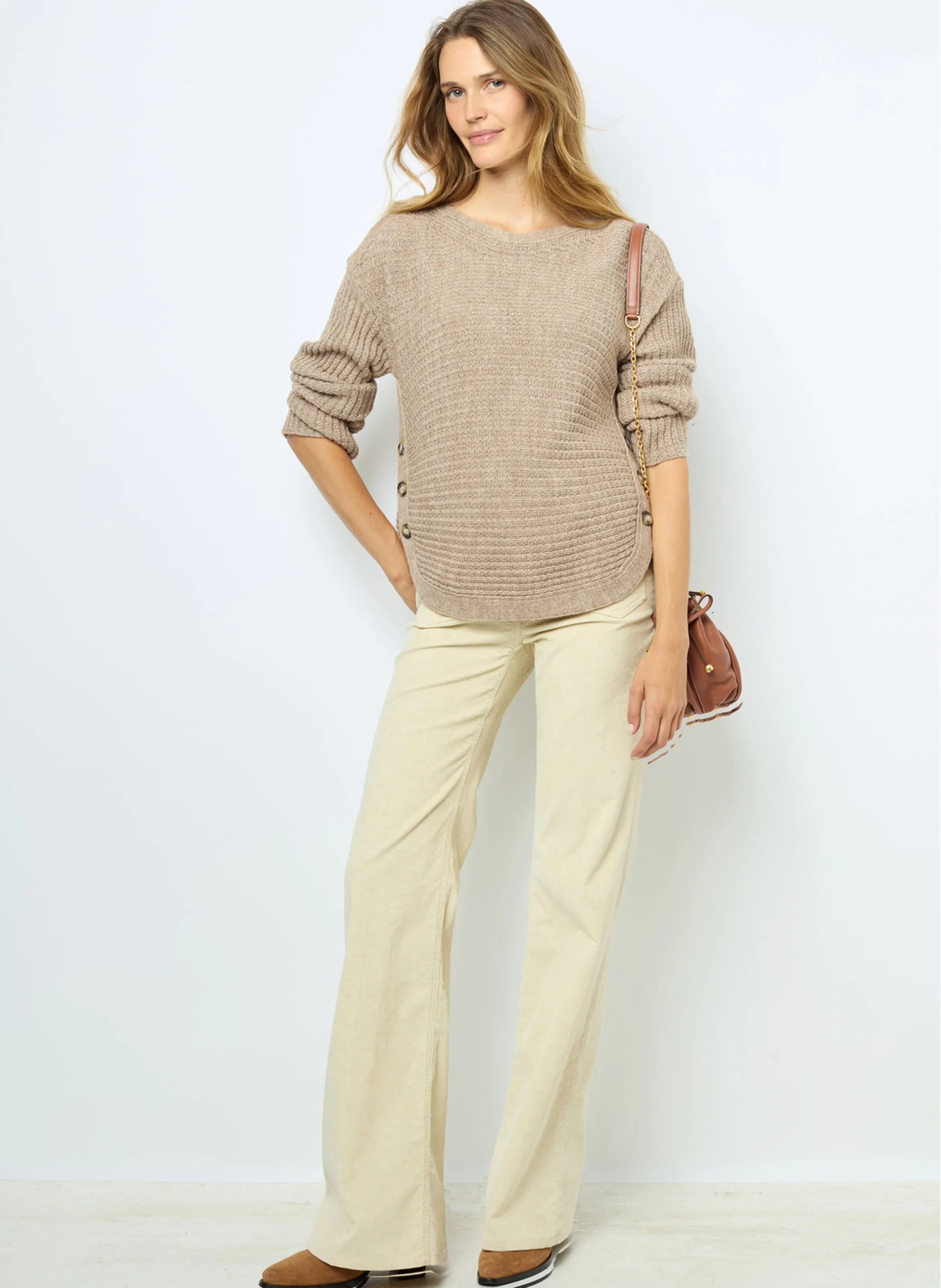 GERARD DAREL JOLINE  JERSEY RECTO DE PUNTO CON CUELLO BARCO EN BEIGE