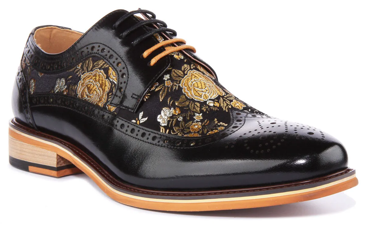 JUSTINREESS Ross Zapatos de cordón de cuero con flores para hombre en negro