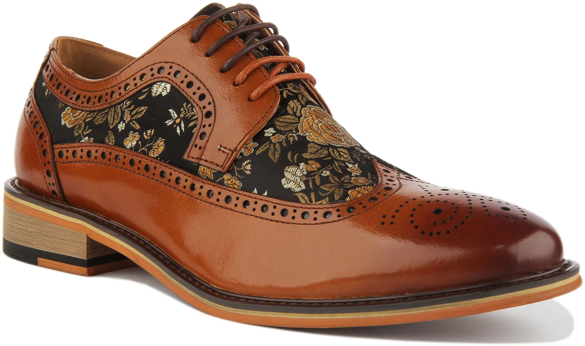 JUSTINREESS Ross Zapatos de cordón de cuero con flores para hombre en negro