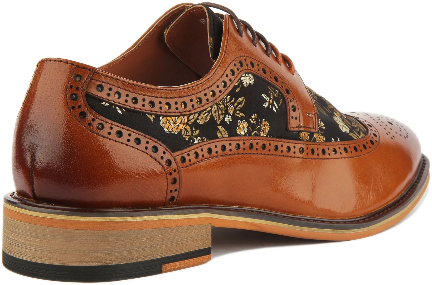 JUSTINREESS Ross Zapatos de cordón de cuero con flores para hombre en negro