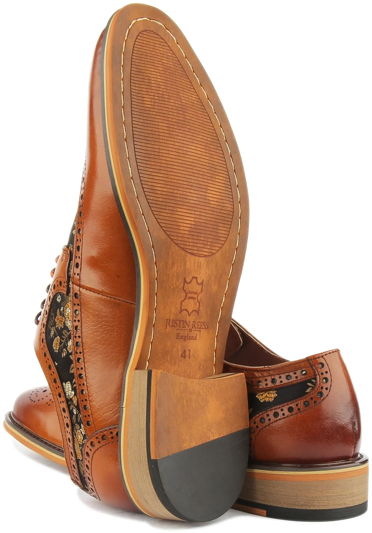JUSTINREESS Ross Zapatos de cordón de cuero con flores para hombre en negro