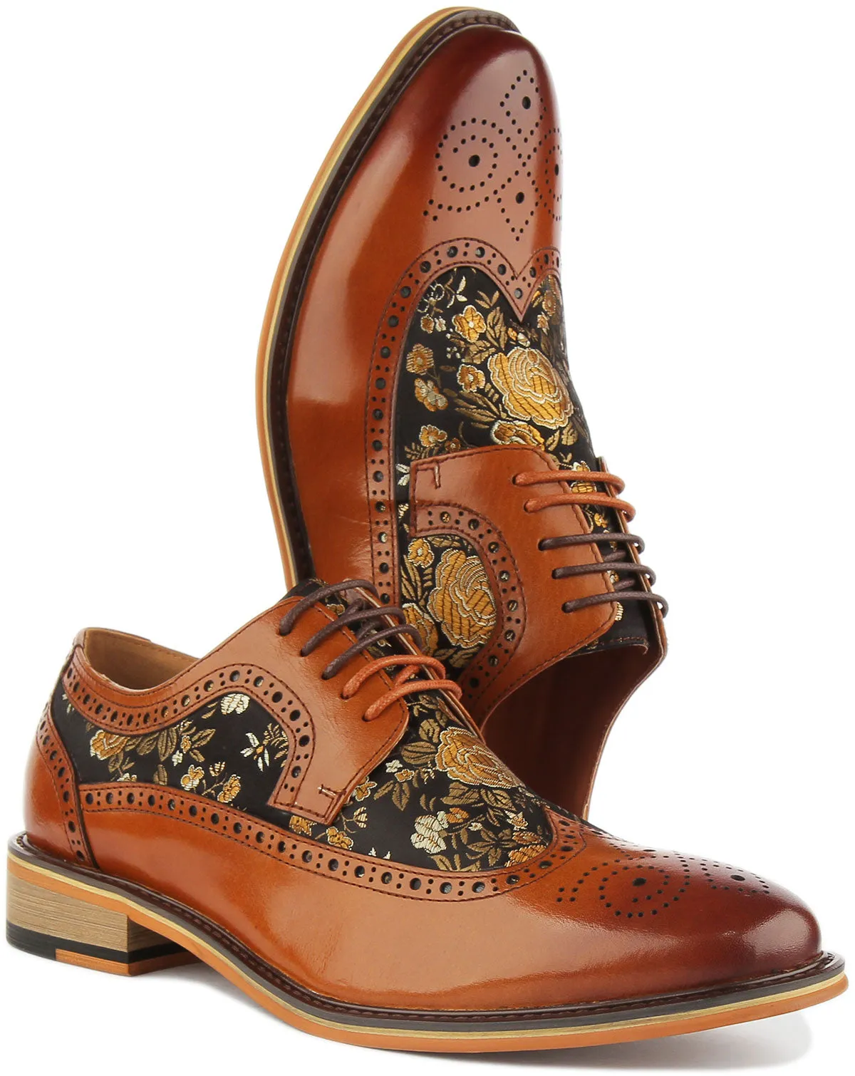 JUSTINREESS Ross Zapatos de cordón de cuero con flores para hombre en negro