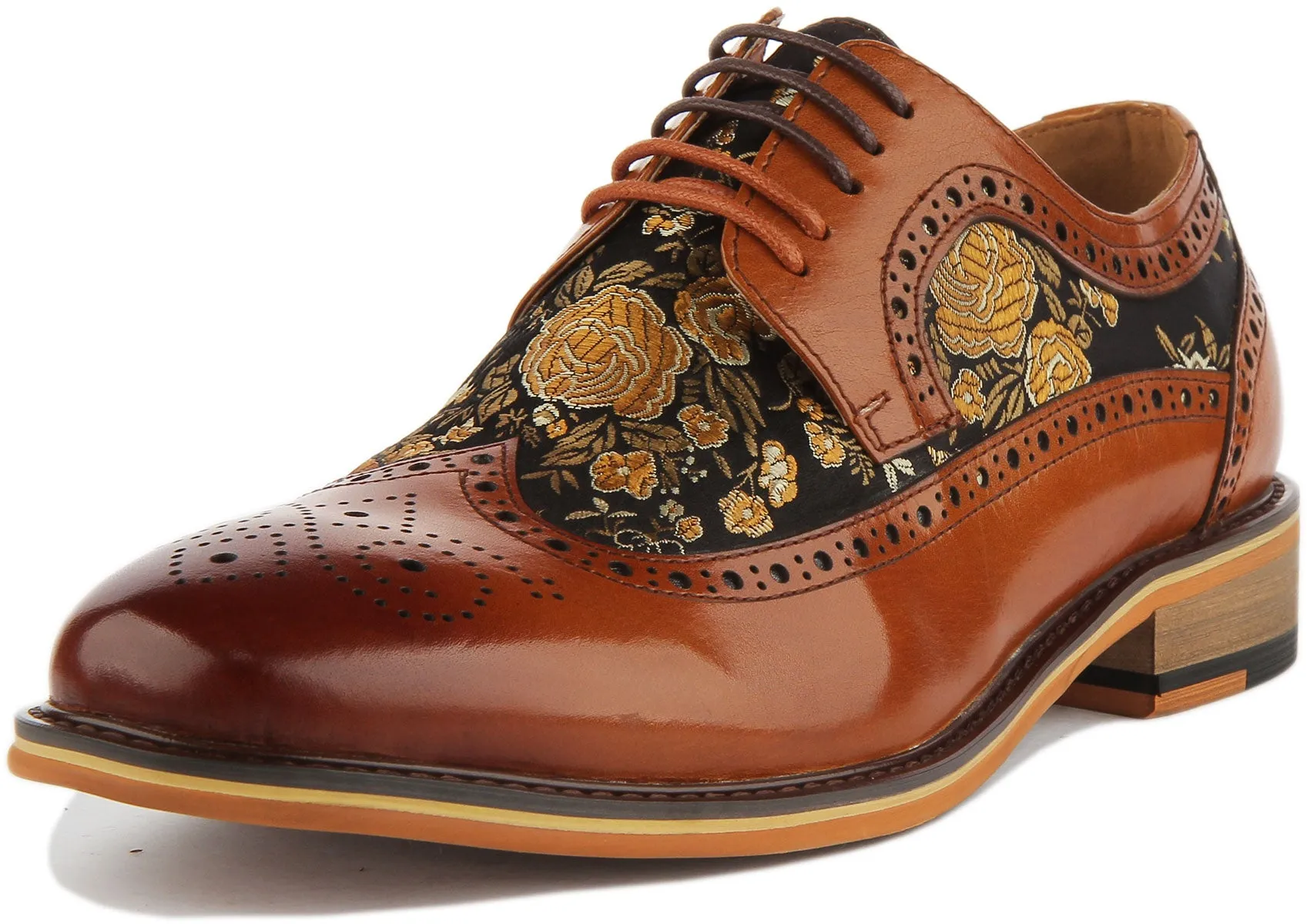JUSTINREESS Ross Zapatos de cordón de cuero con flores para hombre en negro