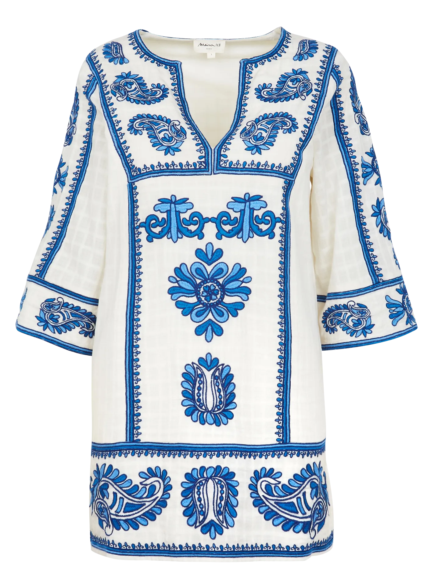 MAISON 123 MARGUERITE  VESTIDO CORTO CON CUELLO DE PICO EN AZUL