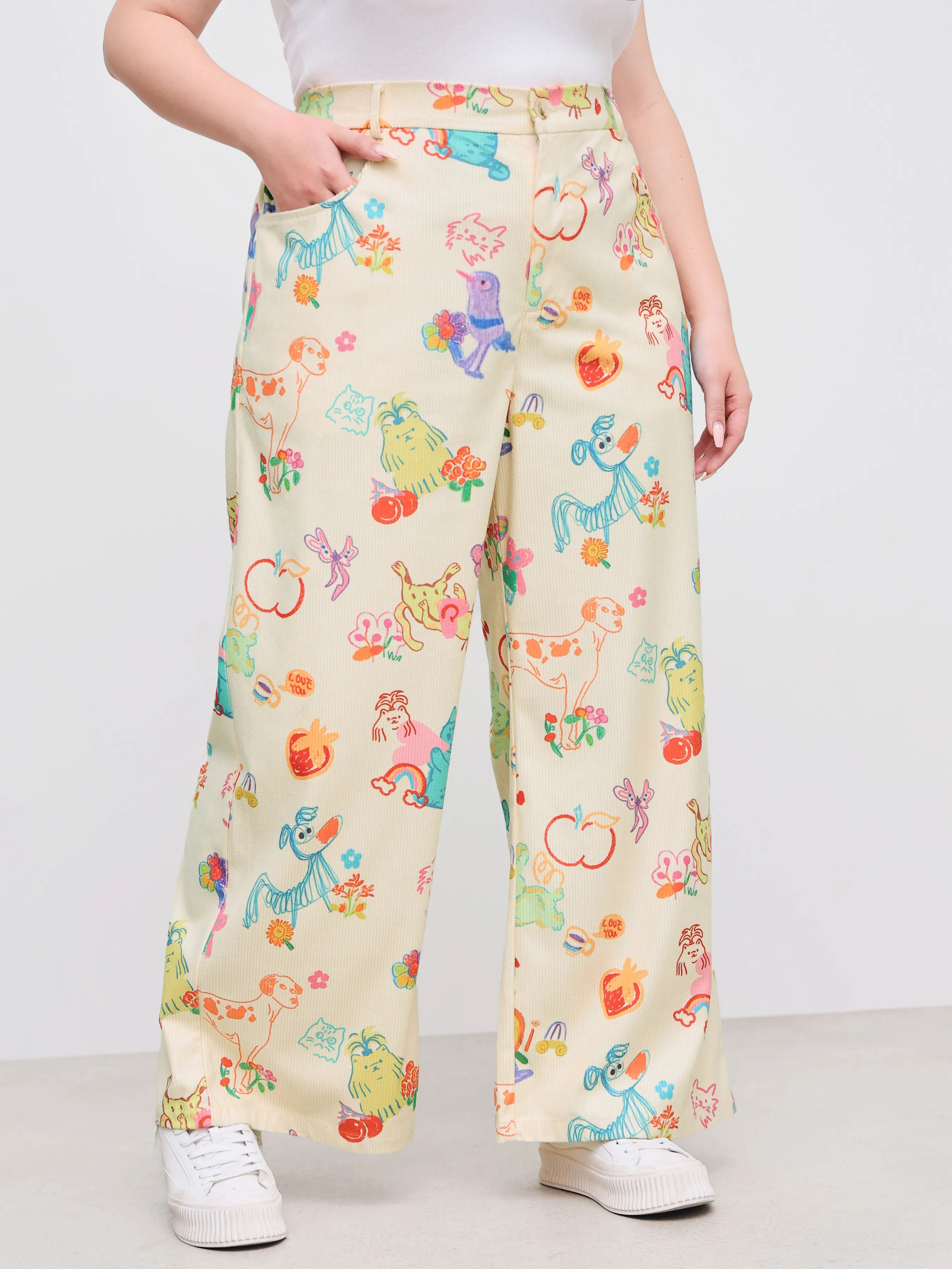Pantalón Ancho de Pana de Tiro Medio con Gráficos de Animales y Frutas y Bolsillo Curvy