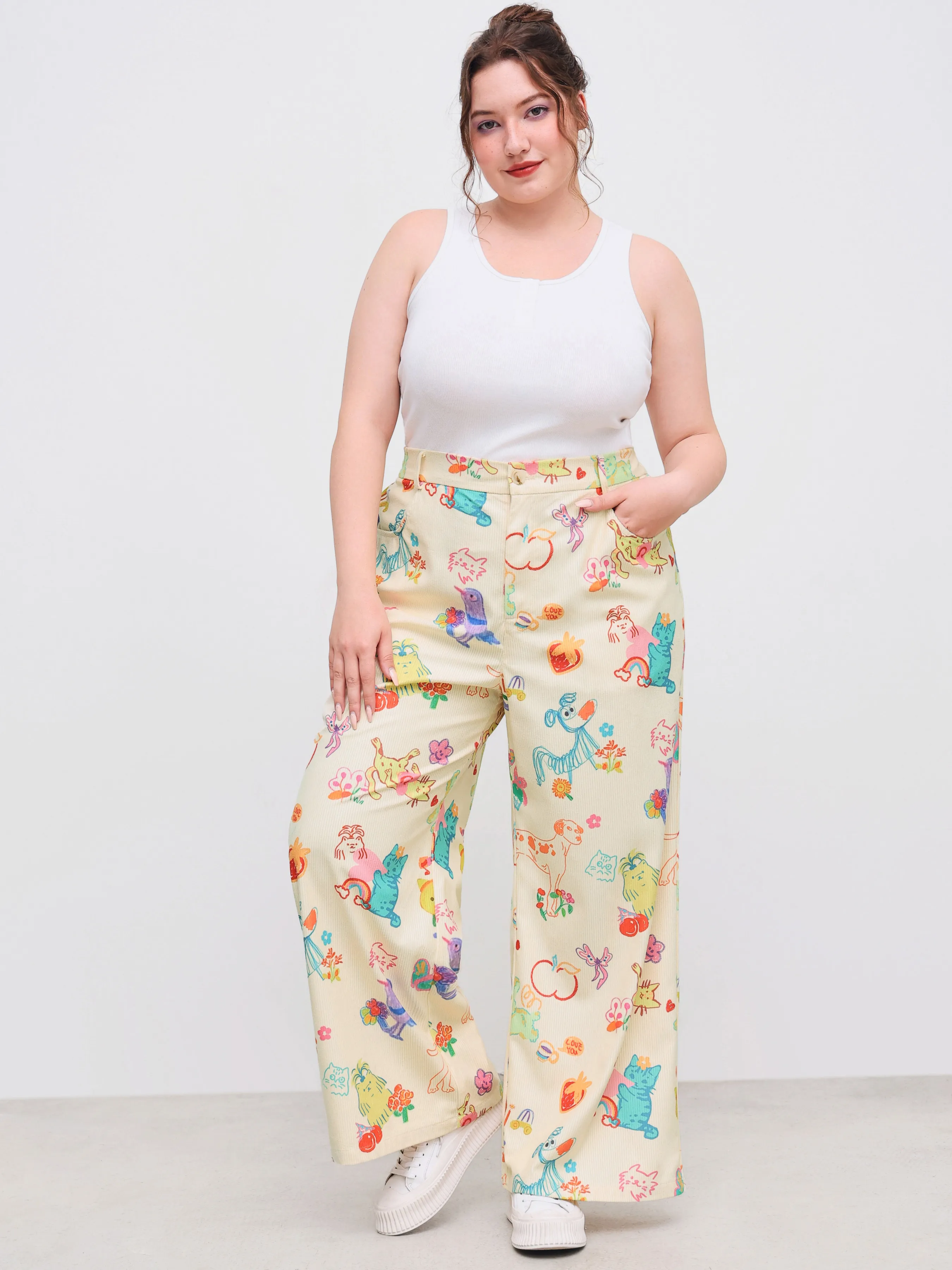 Pantalón Ancho de Pana de Tiro Medio con Gráficos de Animales y Frutas y Bolsillo Curvy