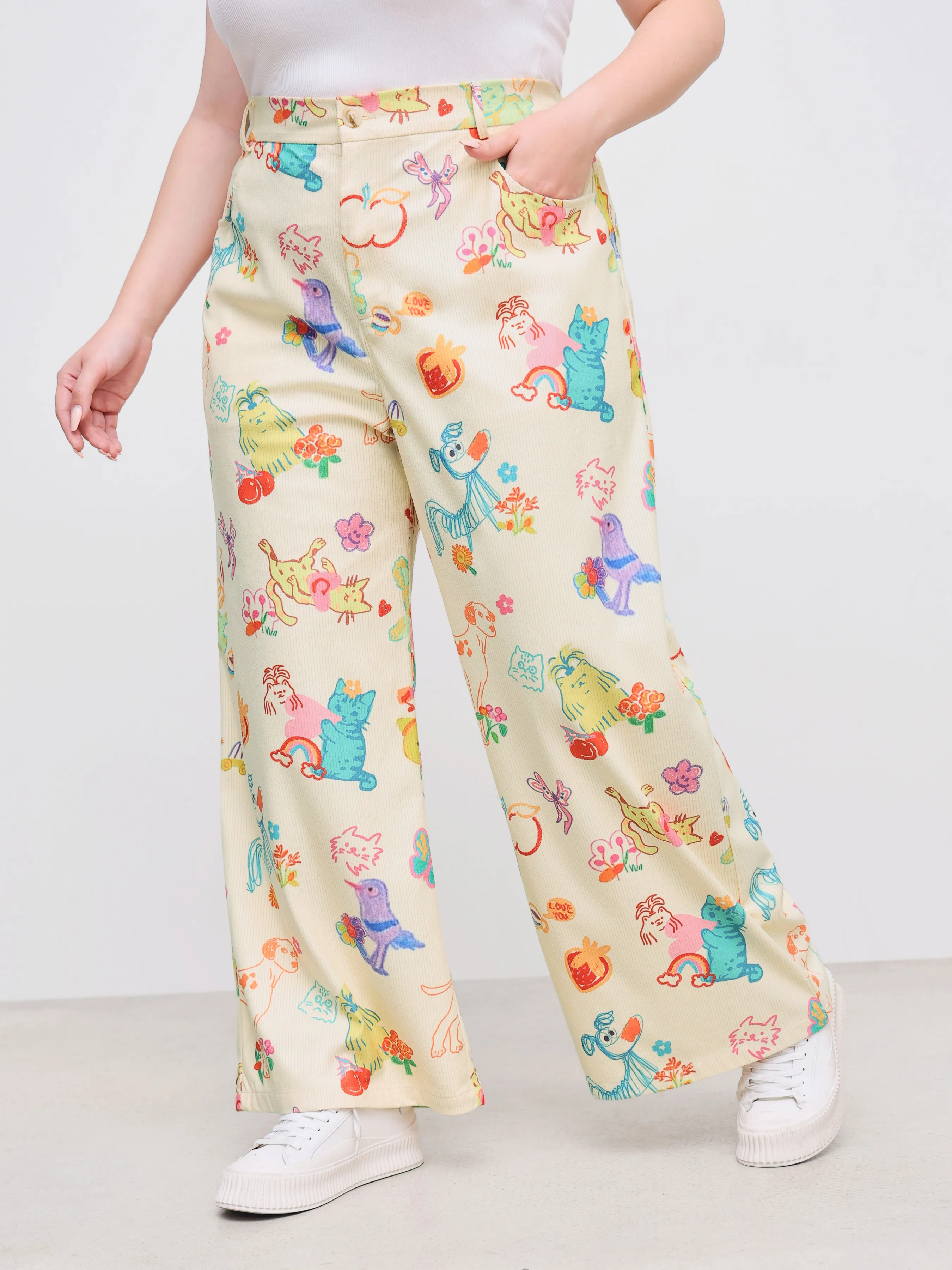 Pantalón Ancho de Pana de Tiro Medio con Gráficos de Animales y Frutas y Bolsillo Curvy