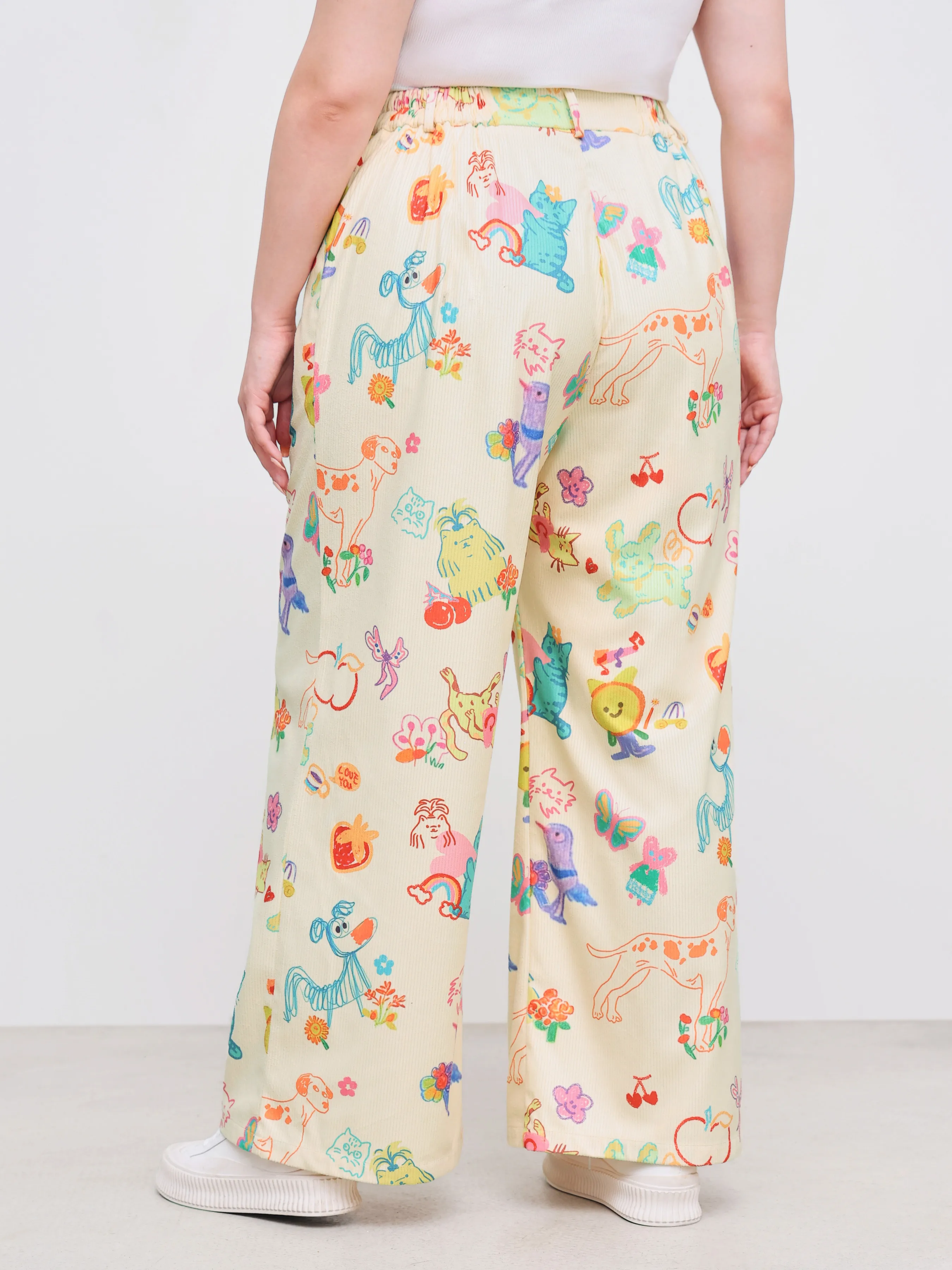 Pantalón Ancho de Pana de Tiro Medio con Gráficos de Animales y Frutas y Bolsillo Curvy