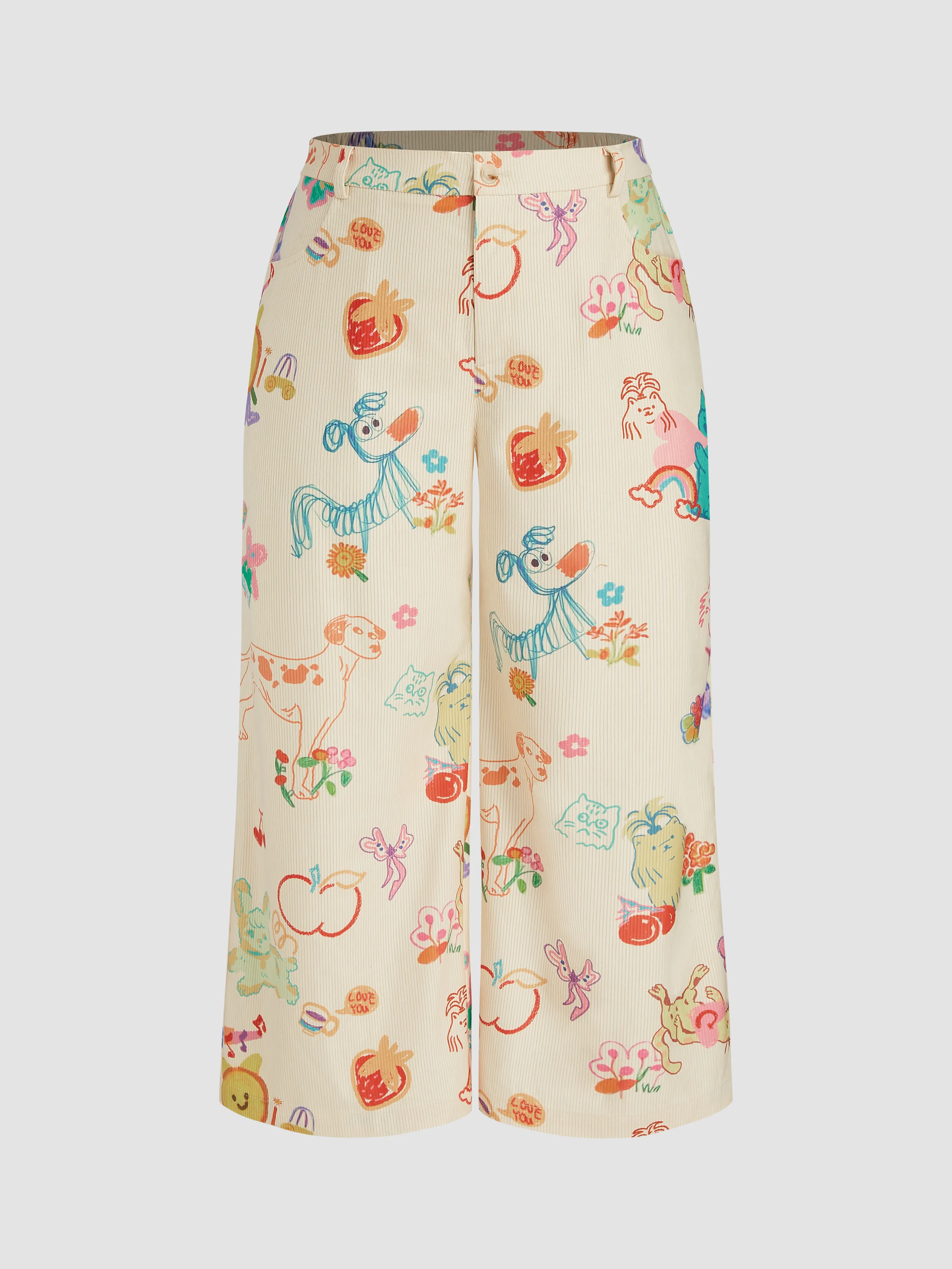 Pantalón Ancho de Pana de Tiro Medio con Gráficos de Animales y Frutas y Bolsillo Curvy