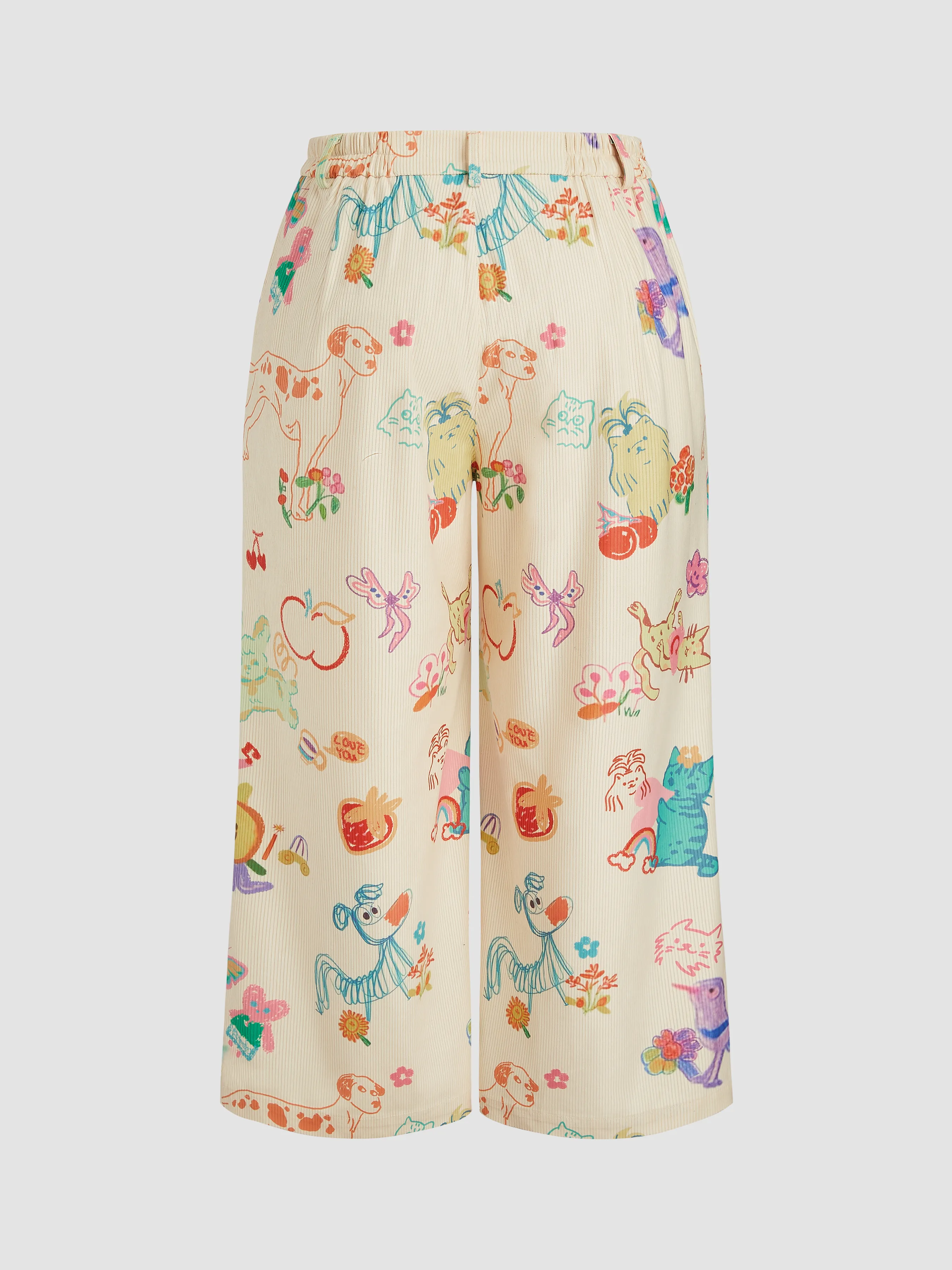 Pantalón Ancho de Pana de Tiro Medio con Gráficos de Animales y Frutas y Bolsillo Curvy