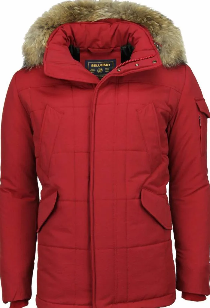 PARKAS HOMBRE  ABRIGOS DE CABALLERO LARGO  CAPUCHA PELO GRANDE  PARKA DIAMON PATTERN  ROJO
