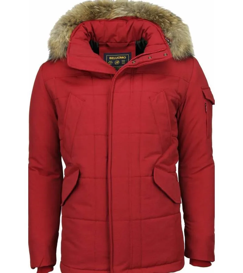 PARKAS HOMBRE  ABRIGOS DE CABALLERO LARGO  CAPUCHA PELO GRANDE  PARKA DIAMON PATTERN  ROJO