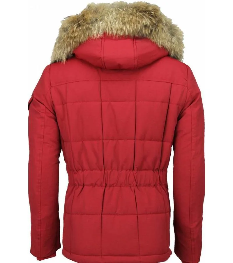 PARKAS HOMBRE  ABRIGOS DE CABALLERO LARGO  CAPUCHA PELO GRANDE  PARKA DIAMON PATTERN  ROJO