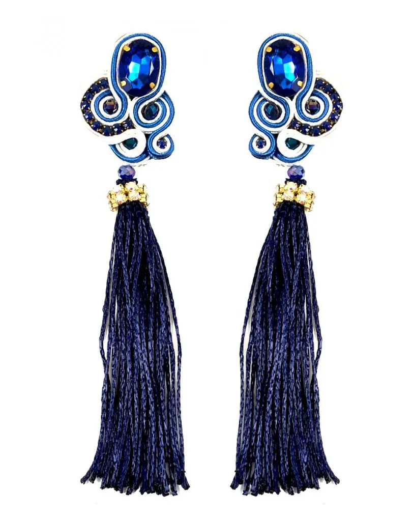PENDIENTES DE FLAMENCA AZULES LARGOS CON VISTOSA BORLA IDEALES PARA LA FERIA DE ABRIL
