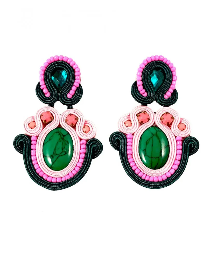 PENDIENTES GRANDES ROSAS Y VERDES FANTASTICO COLORIDO
