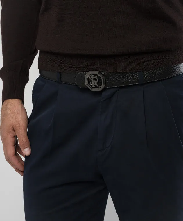 Stefano Ricci Black leather strap with metal logo monogram