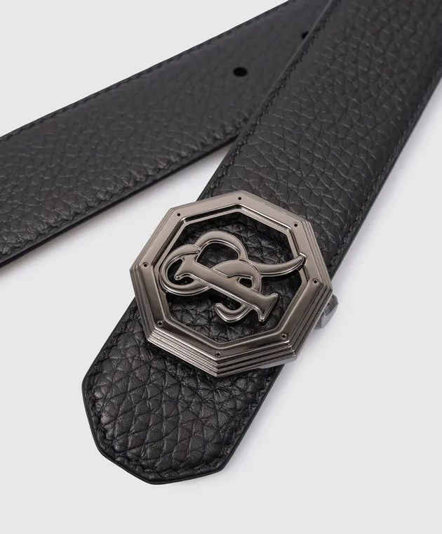 Stefano Ricci Black leather strap with metal logo monogram