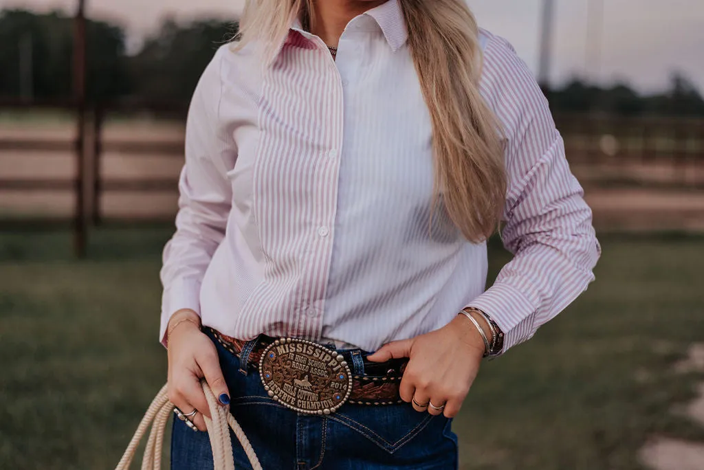 STRIPE ALONG PINK BUTTON SHIRT