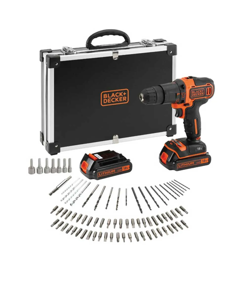 TALADRO PERCUTOR BLACK+DECKER 18V + 80 ACCESORIOS 2 BAT 1,5AH CON CAJA BDCHD18BAFCQW