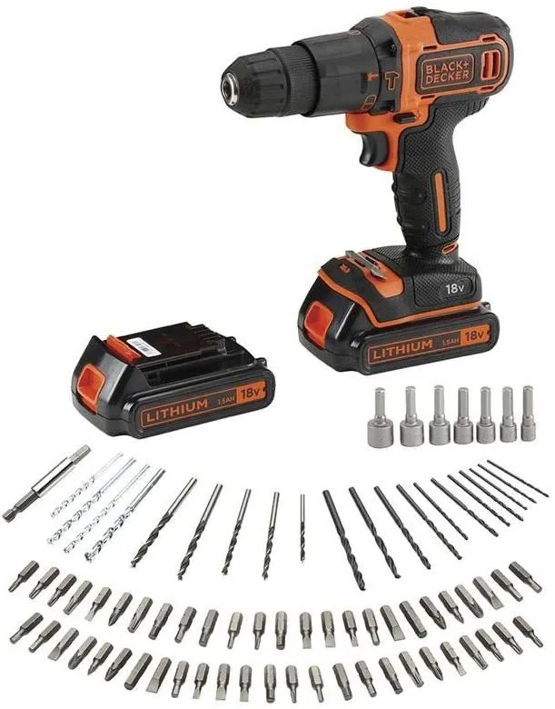 TALADRO PERCUTOR BLACK+DECKER 18V + 80 ACCESORIOS 2 BAT 1,5AH CON CAJA BDCHD18BAFCQW