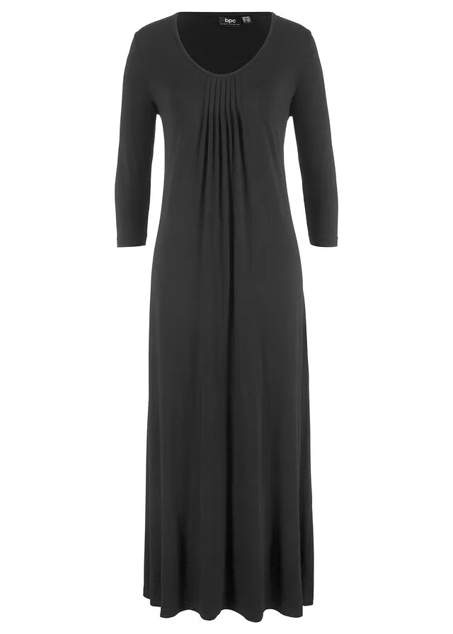 Vestido largo de viscosa con una ligera línea en forma de A, mangas 3/4 Negro